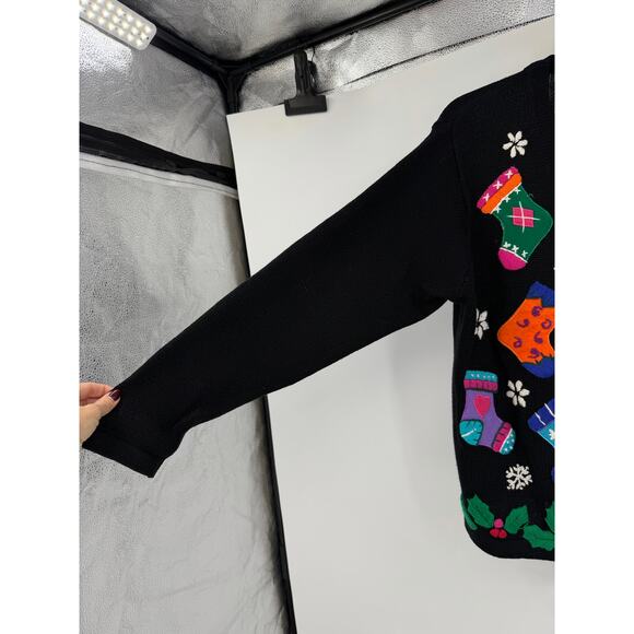 Vintage Victoria Jones Christmas Sweater Size M Black Embroidered Candy Canes - Picture 6 of 10